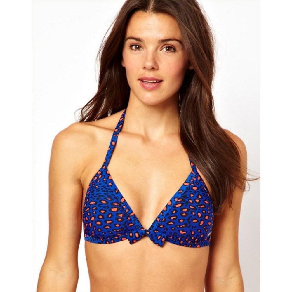 FRENCH CONNECTION LEOPARD BLUE ORANGE BIKNI HALTERNECK TOP BOW DETAIL ( XS )
